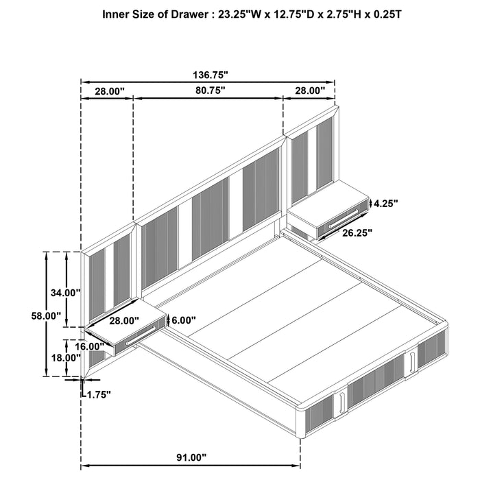 Terrace Wall Panel Platform Storage Bed with Attached Nightstands - De Avenue Furniture