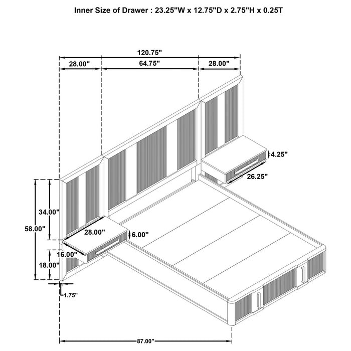 Terrace Wall Panel Platform Storage Bed with Attached Nightstands - De Avenue Furniture