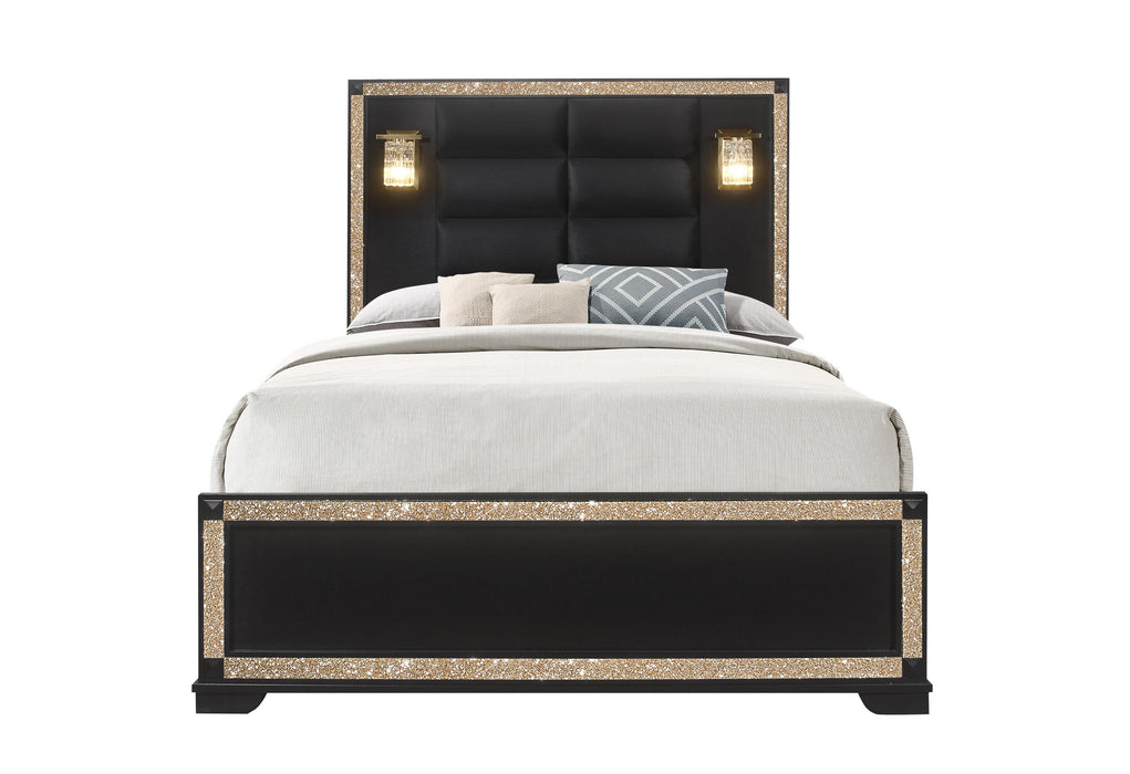 BLAKE BLACK QUEEN BED WITH LAMPS - De Avenue Furniture