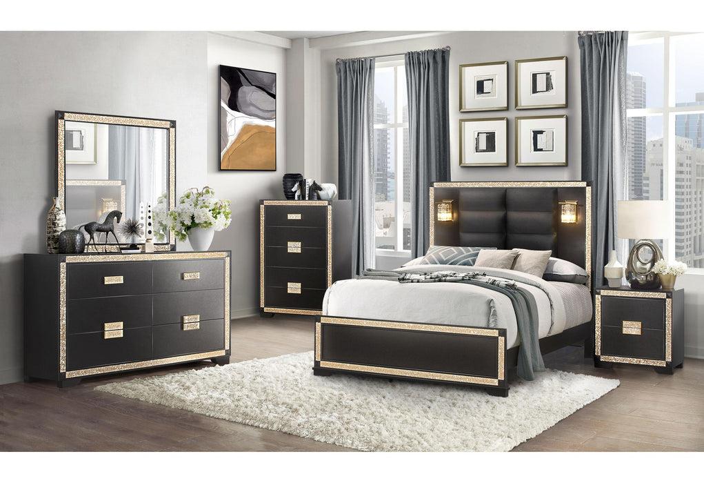 BLAKE BLACK/GOLD FULL BED WITH LAMPS, DRESSER, MIRROR, NIGHTSTAND - De Avenue Furniture