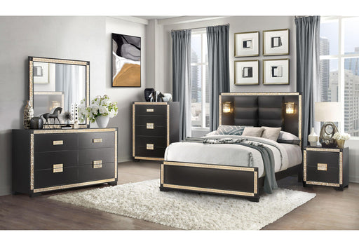 BLAKE BLACK/GOLD KING BED WITH LAMPS, DRESSER, MIRROR, NIGHTSTAND - De Avenue Furniture