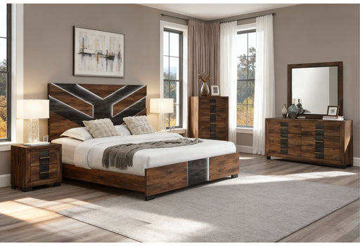 OPTIMUS BROWN/BLACK QUEEN BED, DRESSER, MIRROR AND NIGHTSTAND - De Avenue Furniture