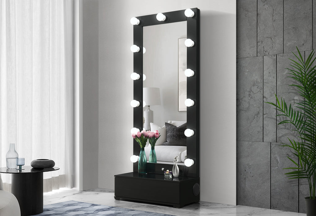 ELLA BLACK NARROW TALL MIRROR WITH DRAWER AND SPEAKER - De Avenue Furniture