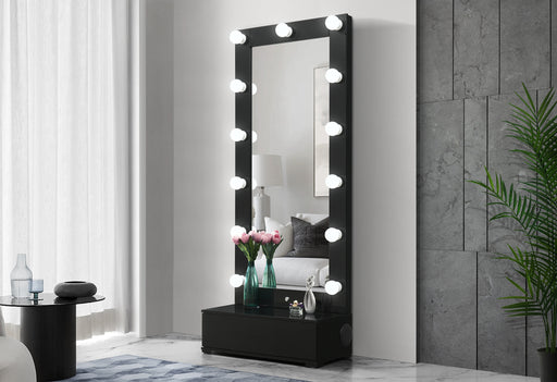 ELLA BLACK NARROW TALL MIRROR WITH DRAWER AND SPEAKER - De Avenue Furniture