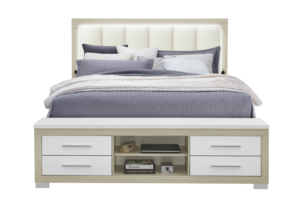 EMMA NATURAL/WHITE KING BED WITH LED AND USB - De Avenue Furniture