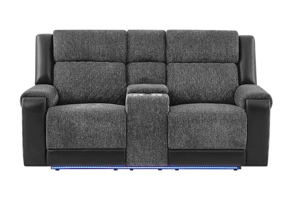 U5915 GREY/BLACK CONSOLE REC LOVESEAT W/IMMERSIVE SOUND & BLUE LED - De Avenue Furniture