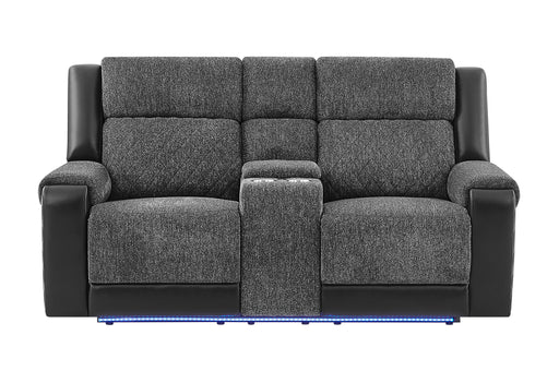 U5915 GREY/BLACK CONSOLE REC LOVESEAT W/IMMERSIVE SOUND & BLUE LED - De Avenue Furniture