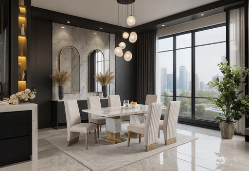 D12 DINING TABLE NATURAL+ 8 D12 DINING CHAIR BEIGE NATURAL - De Avenue Furniture