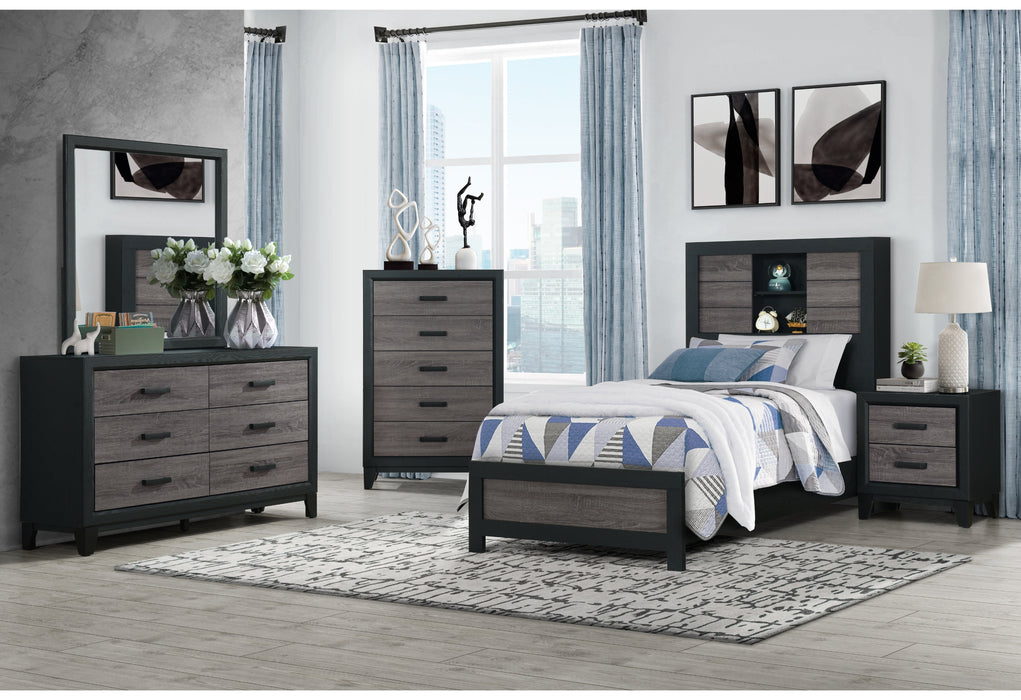 LISBON GREY/BLACK BOOKCASE TWIN BED, DRESSER, MIRROR AND NIGHTSTAND - De Avenue Furniture