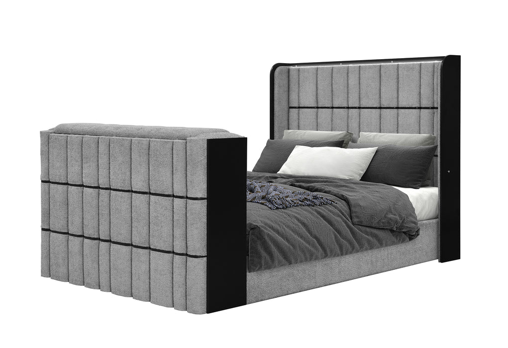 ISABELLA GREY QUEEN BED W/LED, TV LIFT, SPEAKER AND FIREPLACE - De Avenue Furniture