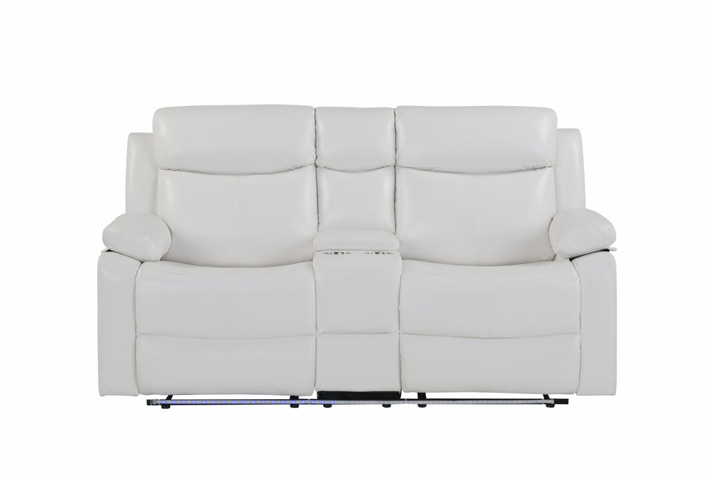 U6026 BLANCHE WHITE CONSOLE RECLINING LOVESEAT WITH LED AND SPEAKER - De Avenue Furniture