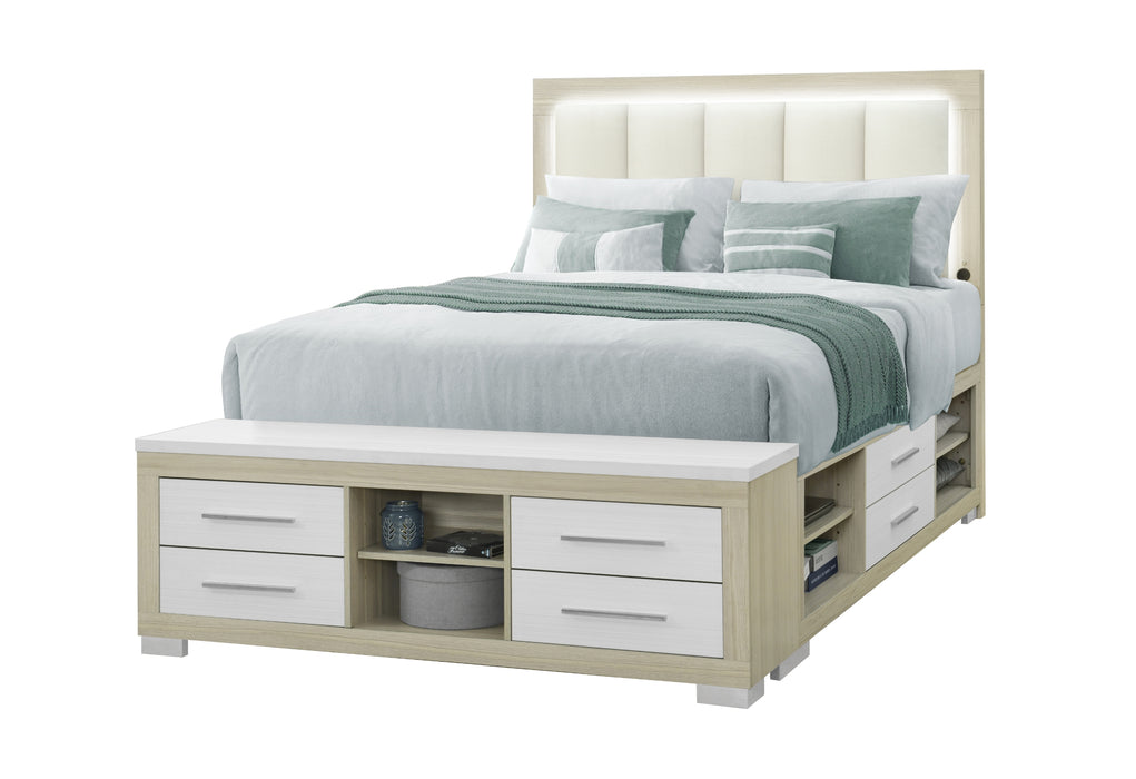 EMMA NATURAL/WHITE QUEEN BED WITH LED AND USB - De Avenue Furniture