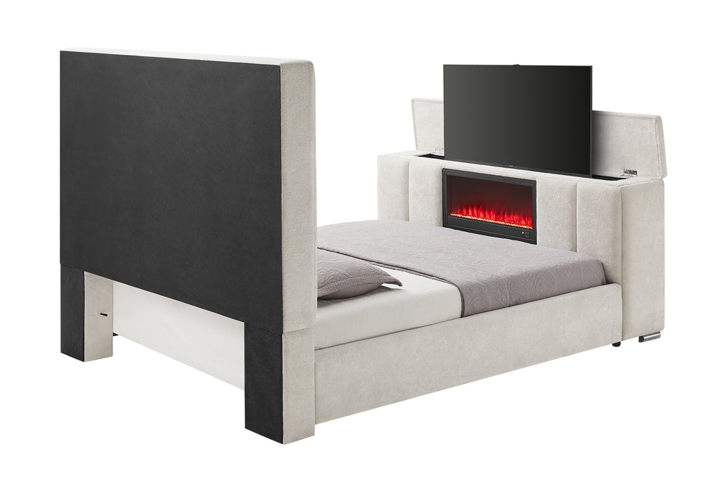SERENITY CREMA QUEEN BED WITH SPEAKER, TV LIFT AND FIREPLACE - De Avenue Furniture