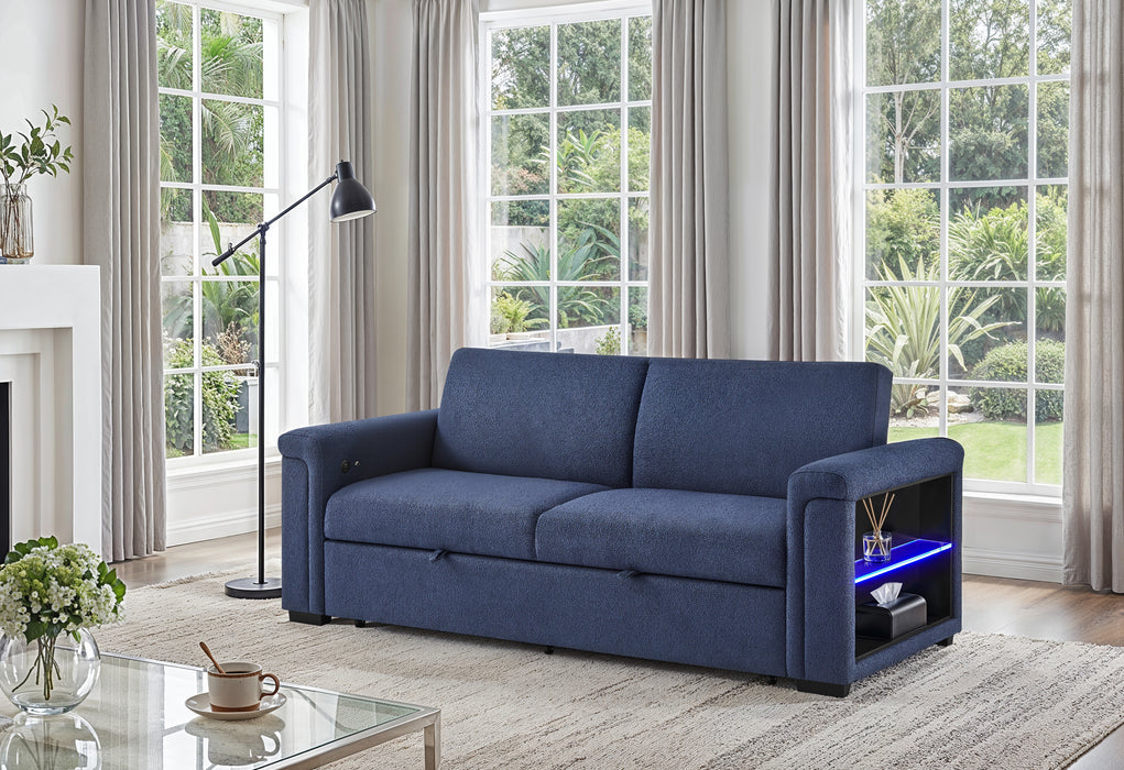 U0211 NAVY PULL OUT SOFA BED WITH LED ACRYLIC SHELVES AND SPEAKERS - De Avenue Furniture