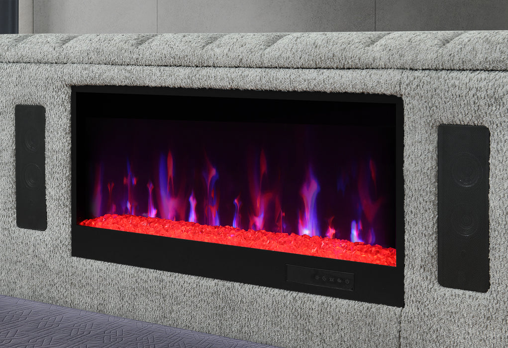 ISABELLA GREY QUEEN BED W/LED, TV LIFT, SPEAKER AND FIREPLACE - De Avenue Furniture