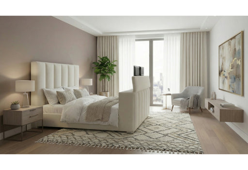 SERENITY CREMA QUEEN BED WITH SPEAKER, TV LIFT AND FIREPLACE - De Avenue Furniture