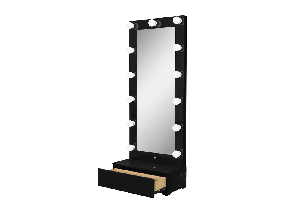 ELLA BLACK NARROW TALL MIRROR WITH DRAWER AND SPEAKER - De Avenue Furniture