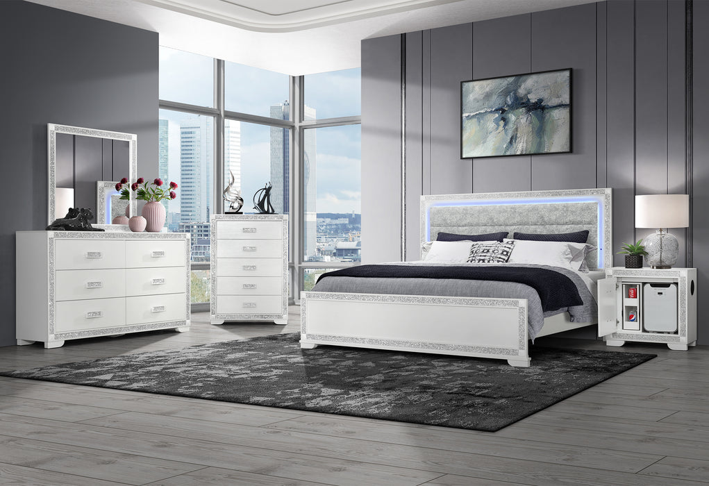 SOLEIL WHITE KING BED GROUP WITH COOLER AND SPEAKER - De Avenue Furniture