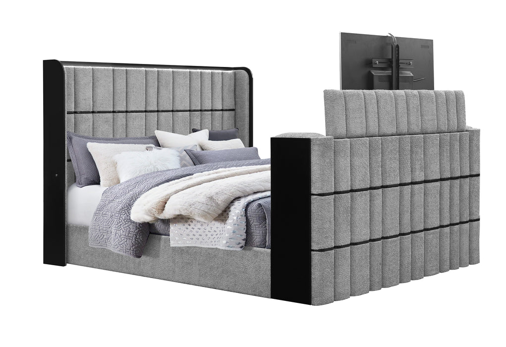 ISABELLA GREY KING BED W/LED, TV LIFT, SPEAKER AND FIREPLACE - De Avenue Furniture