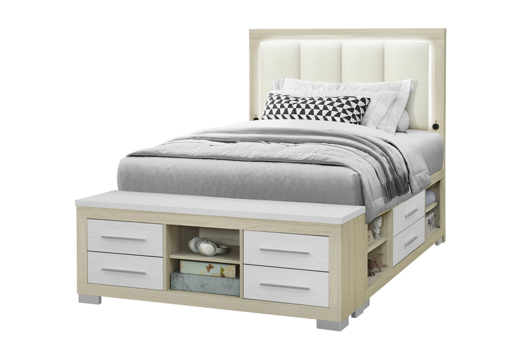 EMMA NATURAL/WHITE FULL BED WITH LED AND USB - De Avenue Furniture