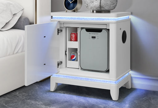 ALINA WHITE NIGHTSTAND WITH COOLER, LED, SPEAKER AND USB - De Avenue Furniture