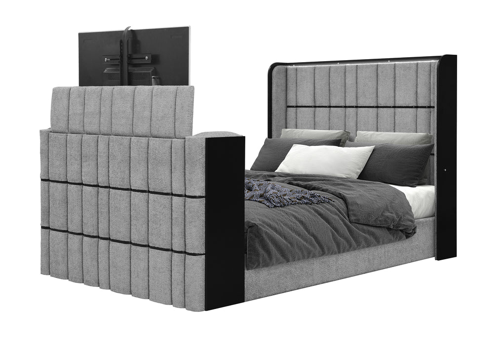 ISABELLA GREY QUEEN BED W/LED, TV LIFT, SPEAKER AND FIREPLACE - De Avenue Furniture