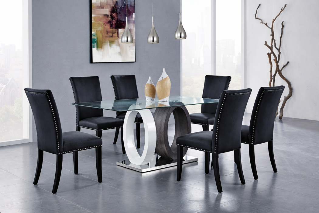 D1628 DINING TABLE AND 6 D03 BLACK DINING CHAIRS - De Avenue Furniture