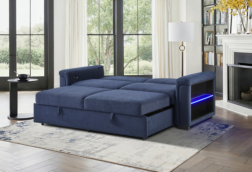 U0211 NAVY PULL OUT SOFA BED WITH LED ACRYLIC SHELVES AND SPEAKERS - De Avenue Furniture