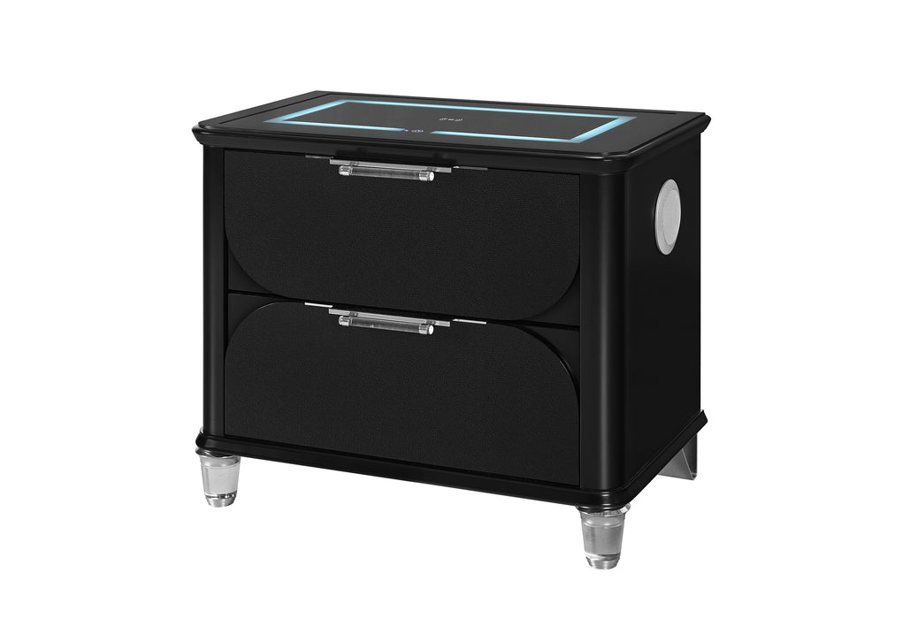LANDO BLACK NIGHTSTAND WITH SPEAKER AND WIRELESS CHARGING PLATFORM - De Avenue Furniture