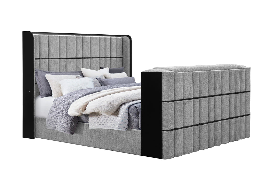 ISABELLA GREY KING BED W/LED, TV LIFT, SPEAKER AND FIREPLACE - De Avenue Furniture