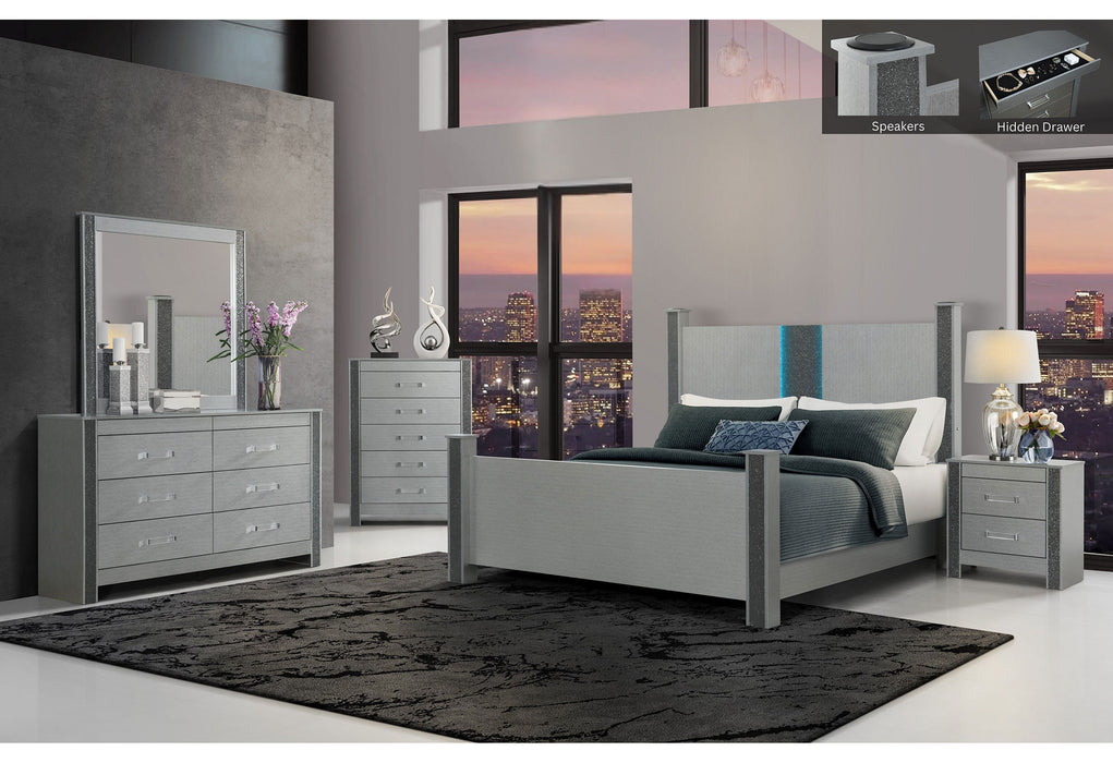 LOGAN SILVER KING BED GROUP W/ LED AND SPEAKERS - De Avenue Furniture