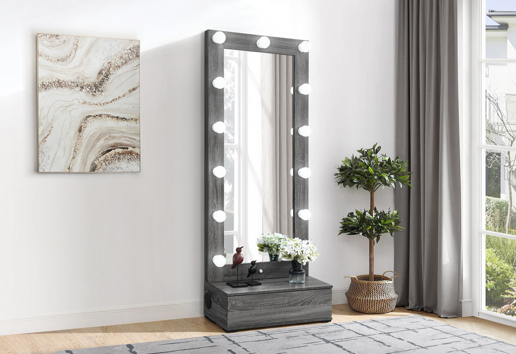 LEXI GREY TALL MIRROR WITH DRAWER AND SPEAKERS - De Avenue Furniture