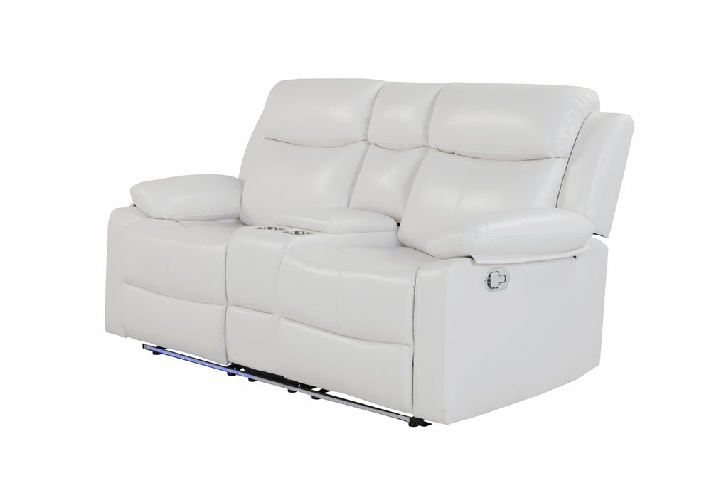 U6026 BLANCHE WHITE CONSOLE RECLINING LOVESEAT WITH LED AND SPEAKER - De Avenue Furniture