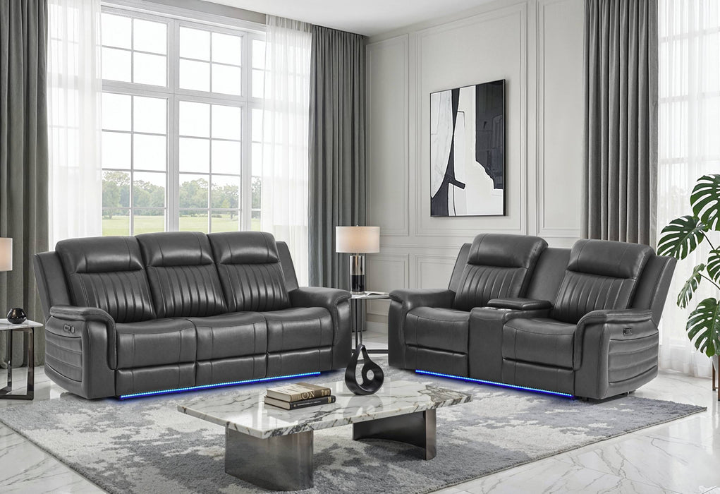 U8879 CHARCOAL PWR REC SOFA/PWR CON REC LOVESEAT W/LED & GL SS - De Avenue Furniture