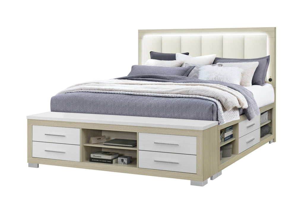 EMMA NATURAL/WHITE KING BED WITH LED AND USB - De Avenue Furniture