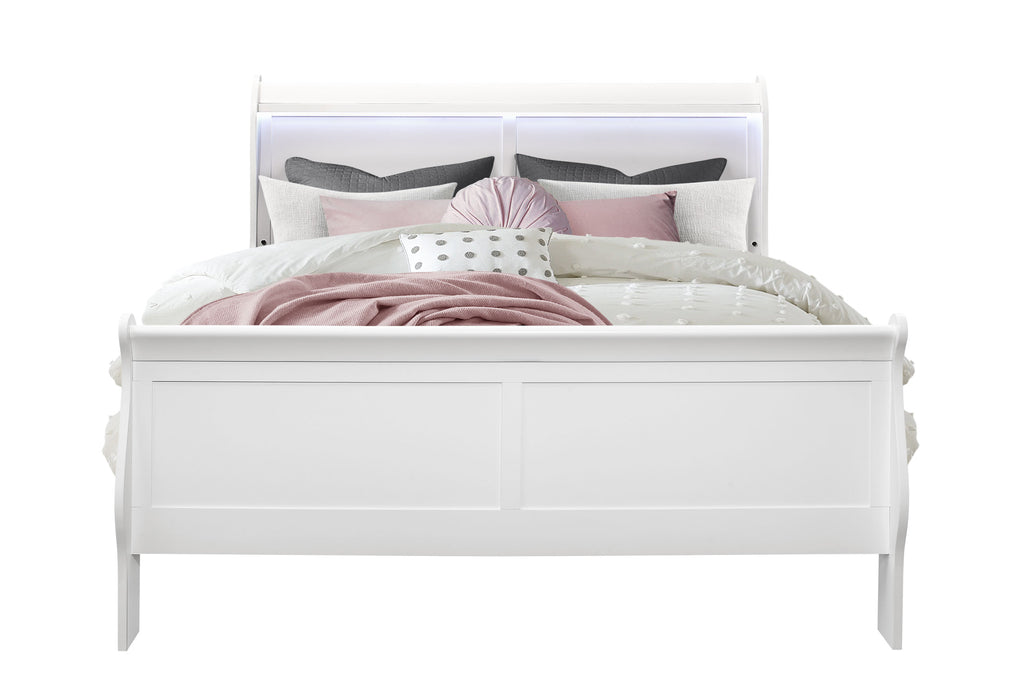 CHARLIE WHITE QUEEN BED WITH LED, DRESSER, MIRROR AND NIGTHSTAND - De Avenue Furniture