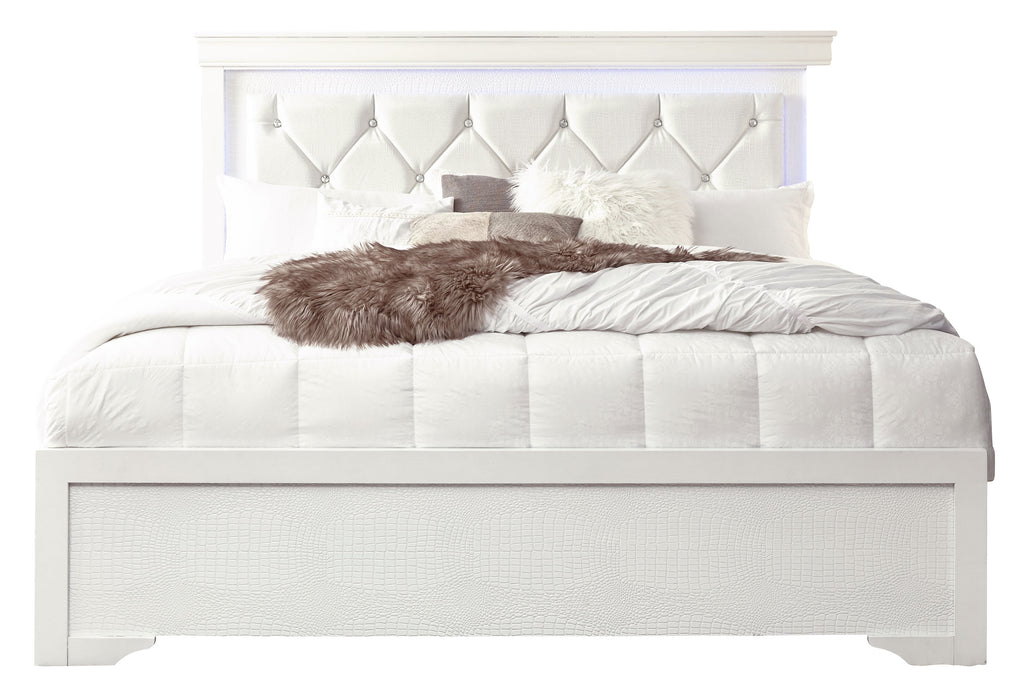 POMPEI WHITE QUEEN BED WITH LED DRESSER MIRROR AND NIGHTSTAND - De Avenue Furniture
