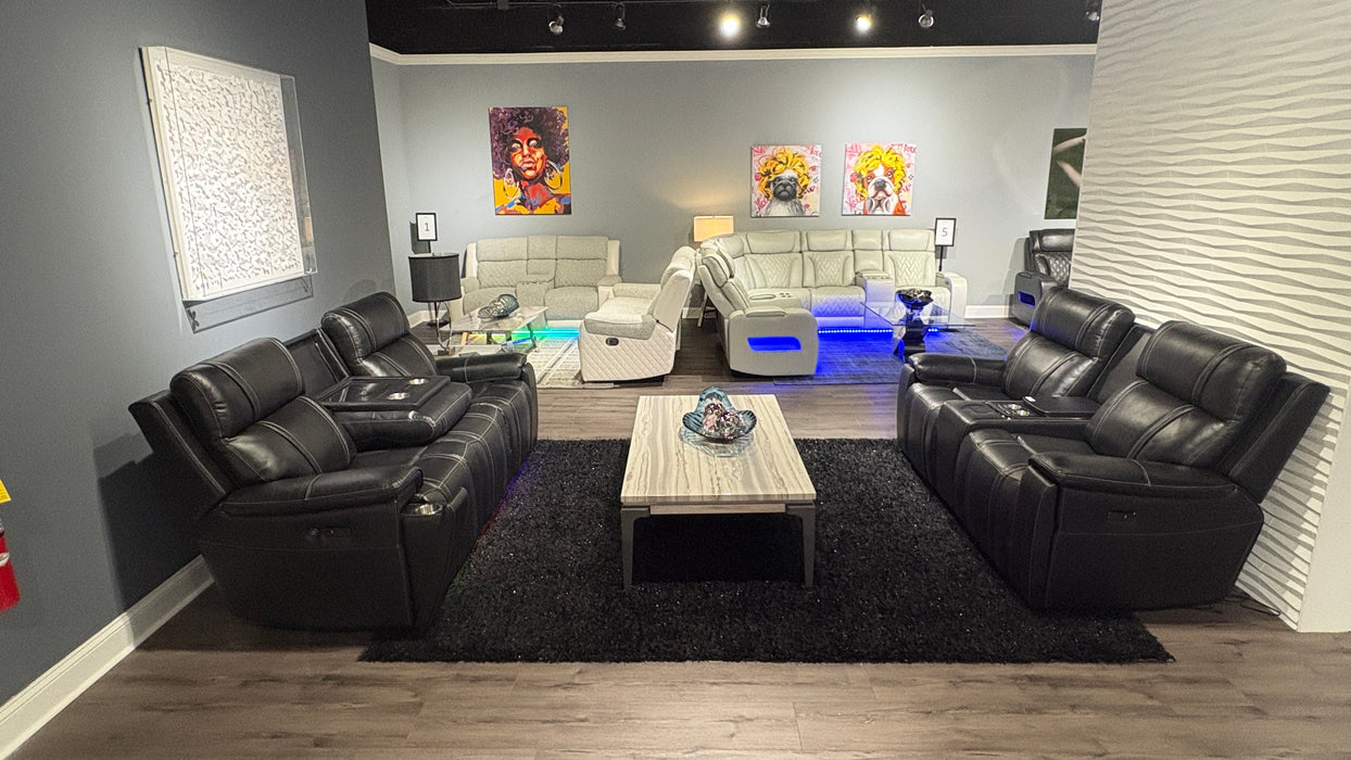 U8881/U8880 BLACK LEATHER PWR REC SOFA/PWR CONSOLE REC LOVESEAT - De Avenue Furniture