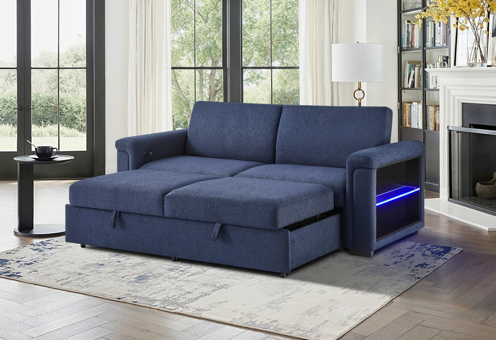 U0211 NAVY PULL OUT SOFA BED WITH LED ACRYLIC SHELVES AND SPEAKERS - De Avenue Furniture